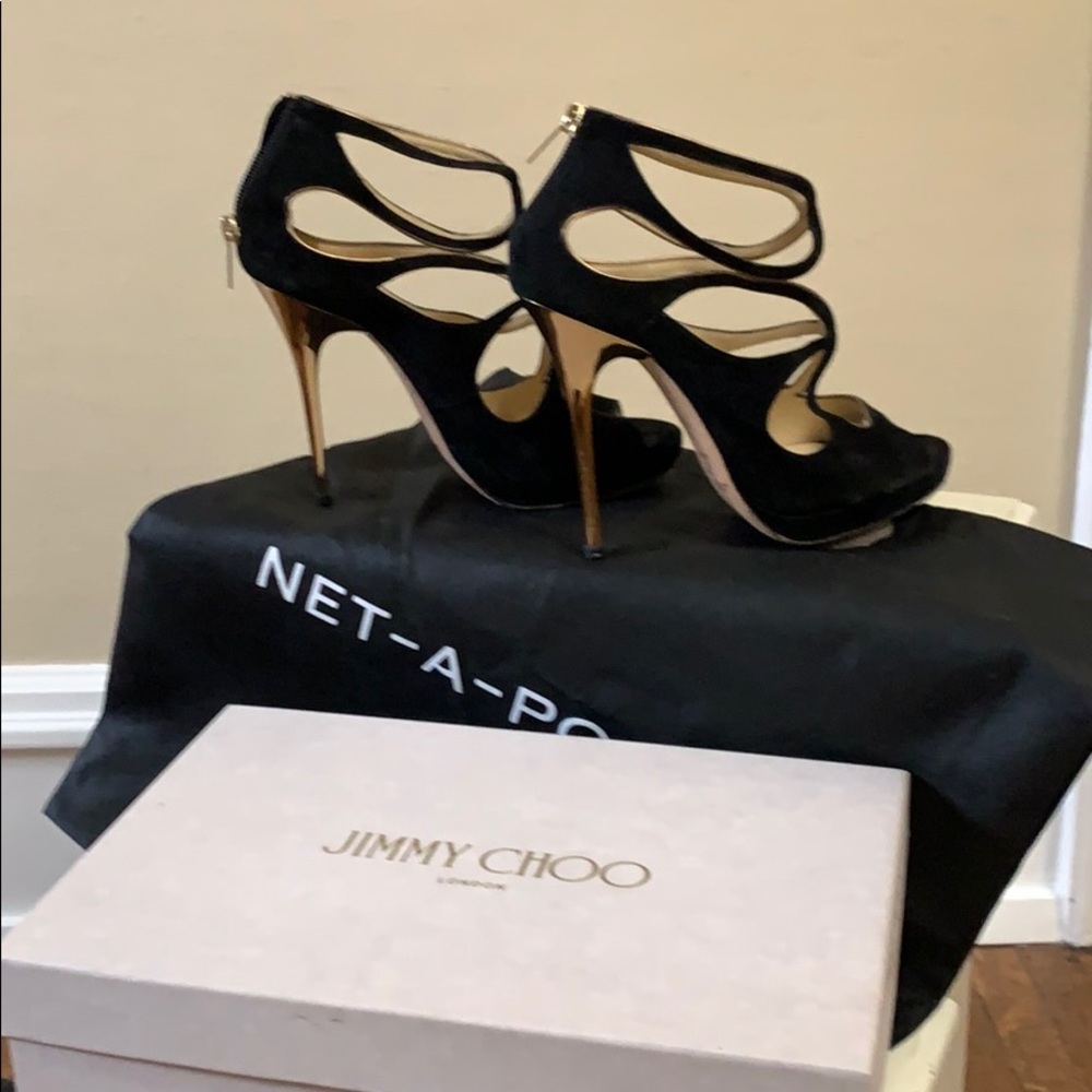 Jimmy Choo - Blk suede with gold . Mint condition!